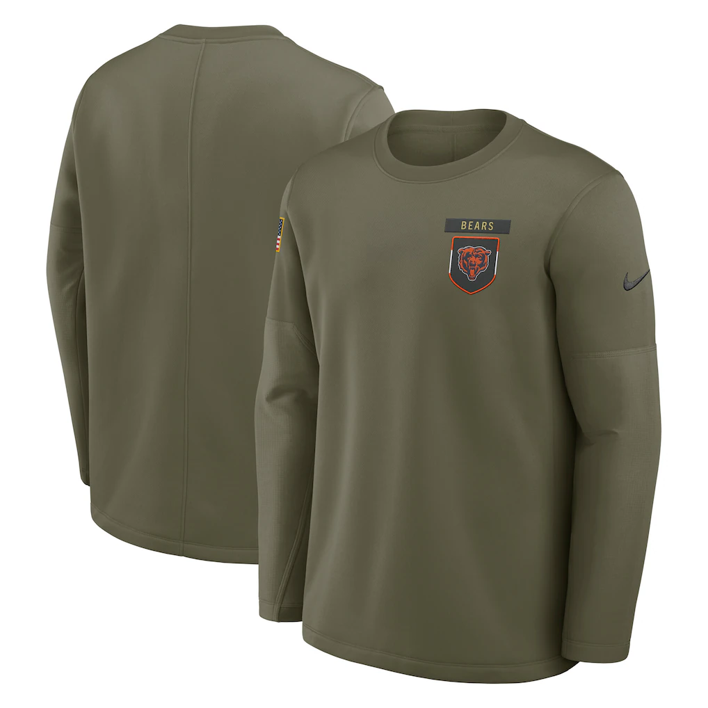 Men's Chicago Bears Olive 2025 Salute to Service Sideline Coaches Therma-FIT Long Sleeve Shirt Men's Chicago Bears Olive 2025 Salute to Service Sideline Coaches Therma-FIT Long Sleeve Shirt